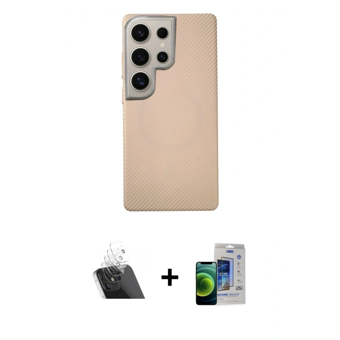 MARSİLYAN™- Galaxy S23 Ultra Kılıf Eksen Prime - Siyah Durable Full Glue Curved Cam + Kamera Lens Koruma Cam - SF