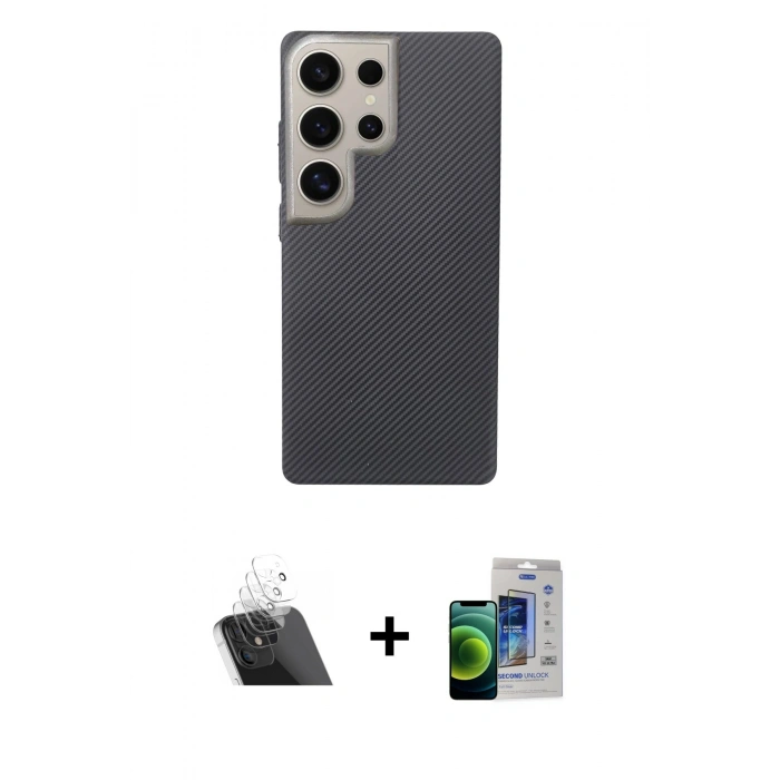 MARSİLYAN™- Galaxy S23 Ultra Kılıf Eksen Prime - Siyah Durable Full Glue Curved Cam + Kamera Lens Koruma Cam - SF