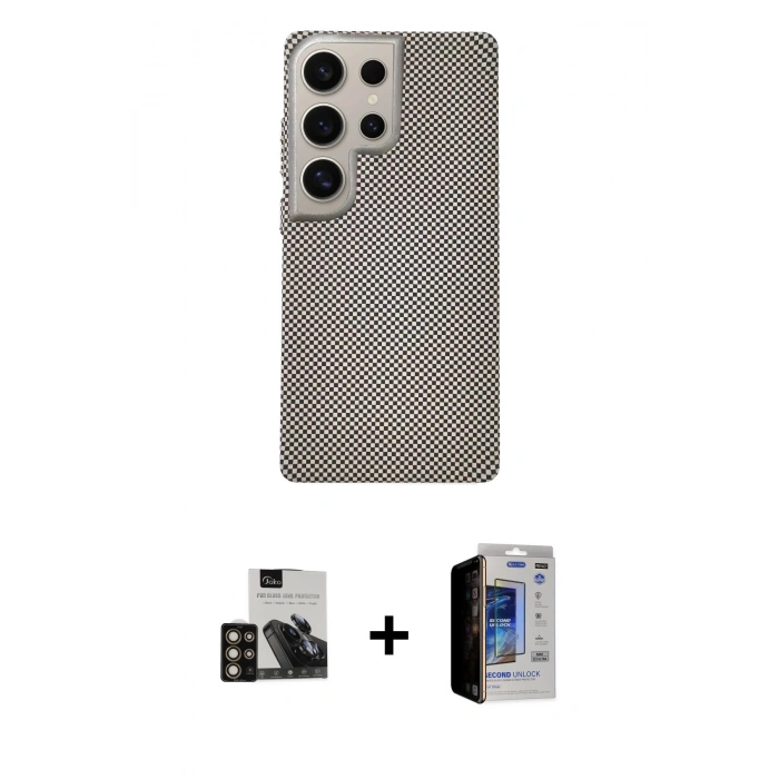 MARSİLYAN™- Galaxy S23 Ultra Kılıf Eksen Prime - Siyah Durable Full Glue Curved Hayalet Cam + PVD Metal Kamera Lens - GD