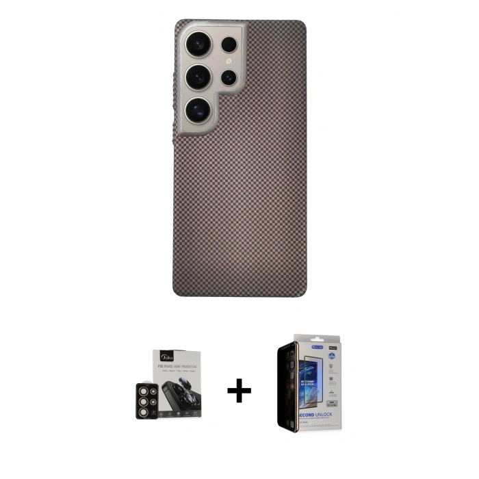 MARSİLYAN™- Galaxy S23 Ultra Kılıf Eksen Prime - Siyah Durable Full Glue Curved Hayalet Cam + PVD Metal Kamera Lens - GD