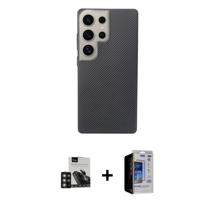 MARSİLYAN™- Galaxy S23 Ultra Kılıf Eksen Prime - Siyah Durable Full Glue Curved Hayalet Cam + PVD Metal Kamera Lens - GD