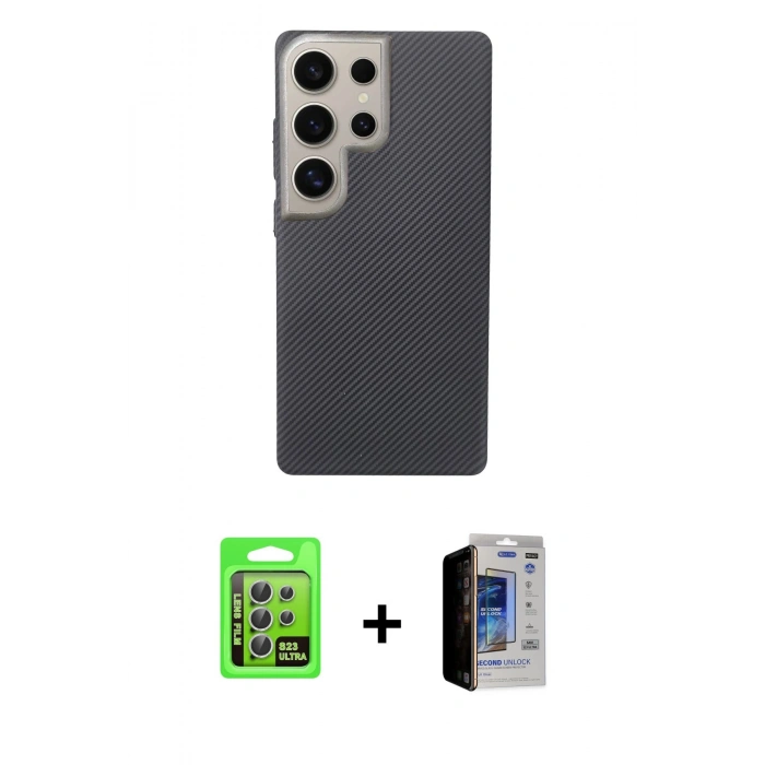 MARSİLYAN™- Galaxy S23 Ultra Kılıf Eksen Prime - Siyah Durable Full Glue Curved Hayalet Cam + Raze Metal Kamera Lens - GS