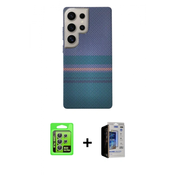 MARSİLYAN™- Galaxy S23 Ultra Kılıf Eksen Prime - Siyah Durable Full Glue Curved Hayalet Cam + Raze Metal Kamera Lens - GS