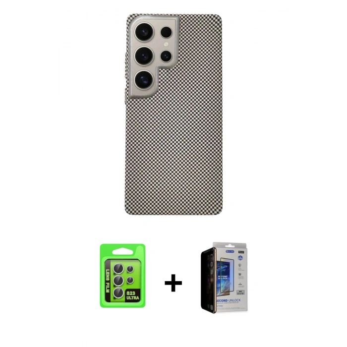 MARSİLYAN™- Galaxy S23 Ultra Kılıf Eksen Prime - Siyah Durable Full Glue Curved Hayalet Cam + Raze Metal Kamera Lens - GS
