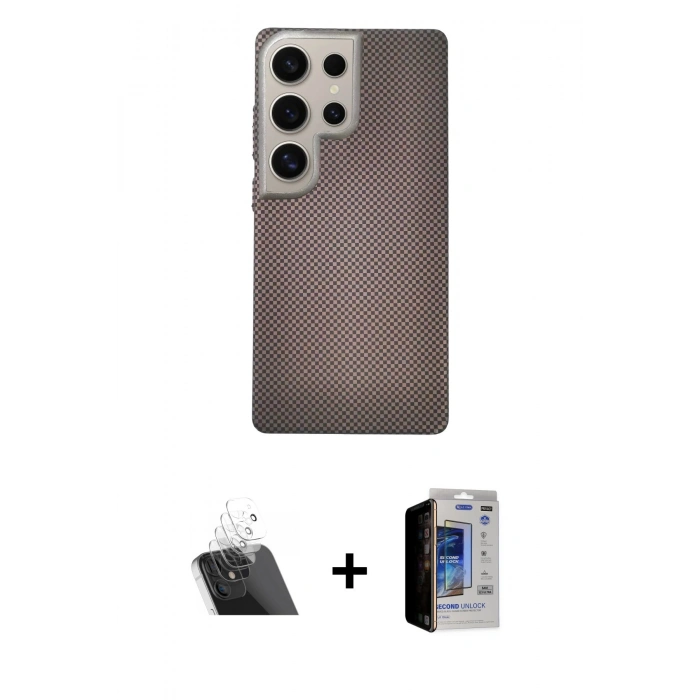 MARSİLYAN™- Galaxy S23 Ultra Kılıf Eksen Prime - Siyah Durable Full Glue Curved Hayalet Cam + Kamera Lens Koruma Cam - SF