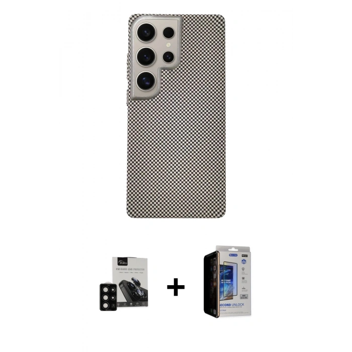 MARSİLYAN™- Galaxy S23 Ultra Kılıf Eksen Prime - Siyah Durable Full Glue Curved Hayalet Cam + PVD Metal Kamera Lens - SH