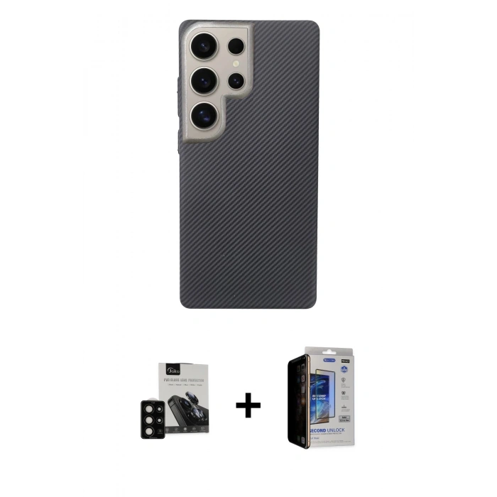 MARSİLYAN™- Galaxy S23 Ultra Kılıf Eksen Prime - Siyah Durable Full Glue Curved Hayalet Cam + PVD Metal Kamera Lens - SH