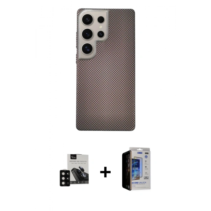 MARSİLYAN™- Galaxy S23 Ultra Kılıf Eksen Prime - Siyah Durable Full Glue Curved Hayalet Cam + PVD Metal Kamera Lens - SH