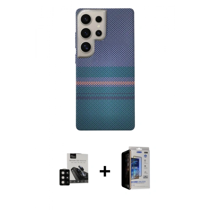 MARSİLYAN™- Galaxy S23 Ultra Kılıf Eksen Prime - Siyah Durable Full Glue Curved Hayalet Cam + PVD Metal Kamera Lens - SH