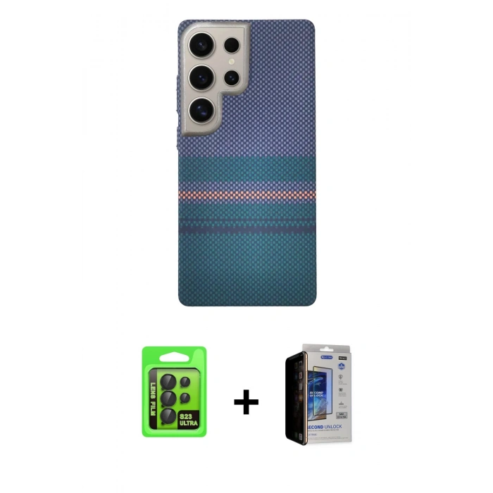 MARSİLYAN™- Galaxy S23 Ultra Kılıf Eksen Prime - Siyah Durable Full Glue Curved Hayalet Cam + Raze Metal Kamera Lens - SH