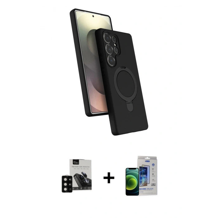 MARSİLYAN™- Galaxy S23 Ultra Kılıf İz Işık Koleksiyonu - Siyah Durable Full Glue Curved Cam + PVD Metal Kamera Lens - SH