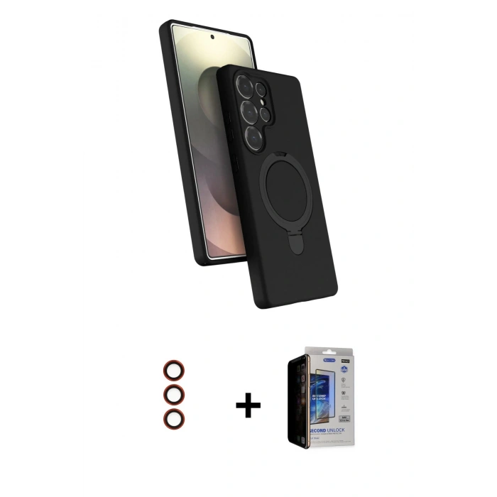 MARSİLYAN™- Galaxy S23 Ultra Kılıf İz Işık Koleksiyonu - Siyah Durable Full Glue Curved Hayalet Cam + Metal Kamera Lens - KI