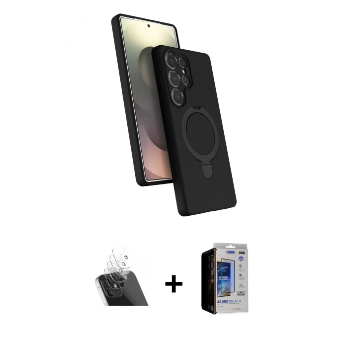MARSİLYAN™- Galaxy S23 Ultra Kılıf İz Işık Koleksiyonu - Siyah Durable Full Glue Curved Hayalet Cam + Kamera Lens Koruma Cam - SF