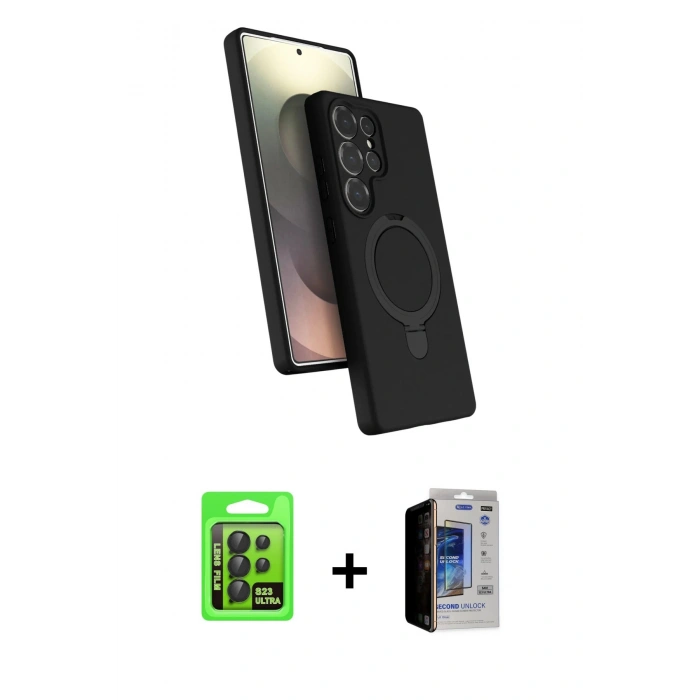 MARSİLYAN™- Galaxy S23 Ultra Kılıf İz Işık Koleksiyonu - Siyah Durable Full Glue Curved Hayalet Cam + Raze Metal Kamera Lens - SH