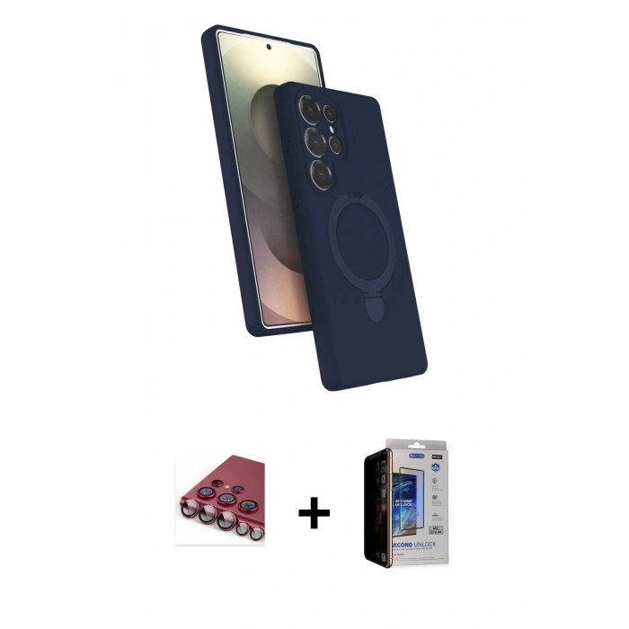 MARSİLYAN™- Galaxy S23 Ultra Kılıf İz Işık Koleksiyonu - Siyah Durable Full Glue Curved Hayalet Cam + Valdez Metal Kamera Lens - KI