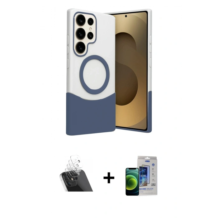 MARSİLYAN™- Galaxy S23 Ultra Kılıf Kozmos Form Özel Seri - Siyah Durable Full Glue Curved Cam + Kamera Lens Koruma Cam - SF