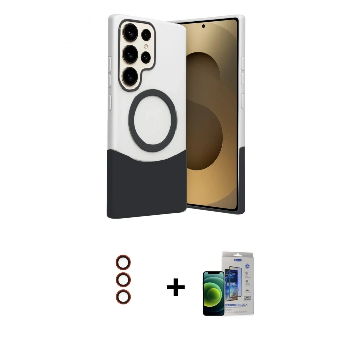 MARSİLYAN™- Galaxy S23 Ultra Kılıf Kozmos Form Özel Seri - Siyah Durable Full Glue Curved Cam + Metal Kamera Lens - KI