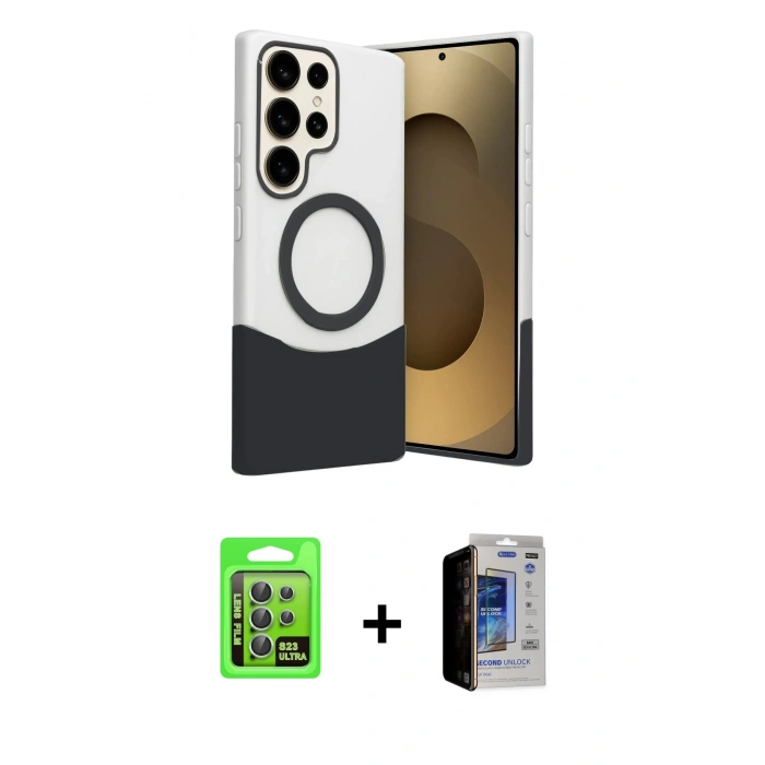 MARSİLYAN™- Galaxy S23 Ultra Kılıf Kozmos Form Özel Seri - Siyah Durable Full Glue Curved Hayalet Cam + Raze Metal Kamera Lens - YL