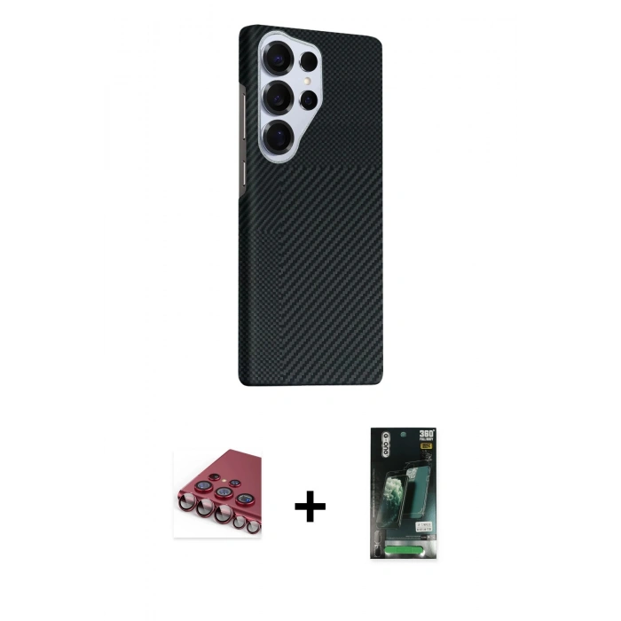MARSİLYAN™- Galaxy S23 Ultra Kılıf Kozmos Klasik Prime - Siyah 360 Mat Full Body Arka Koruyucu + Valdez Metal Kamera Lens - KI