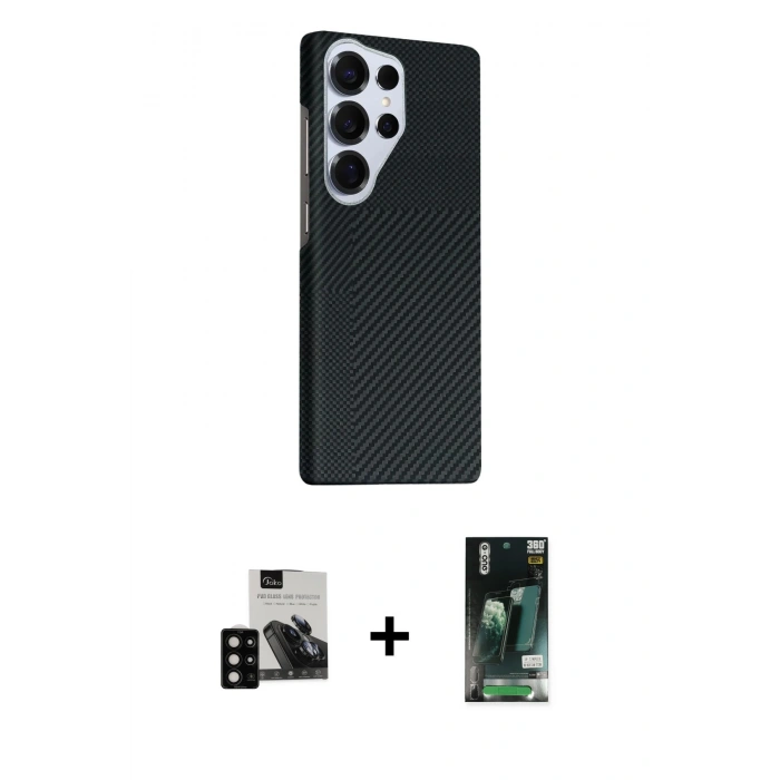 MARSİLYAN™- Galaxy S23 Ultra Kılıf Kozmos Klasik Prime - Siyah 360 Mat Full Body Arka Koruyucu + PVD Metal Kamera Lens - SH