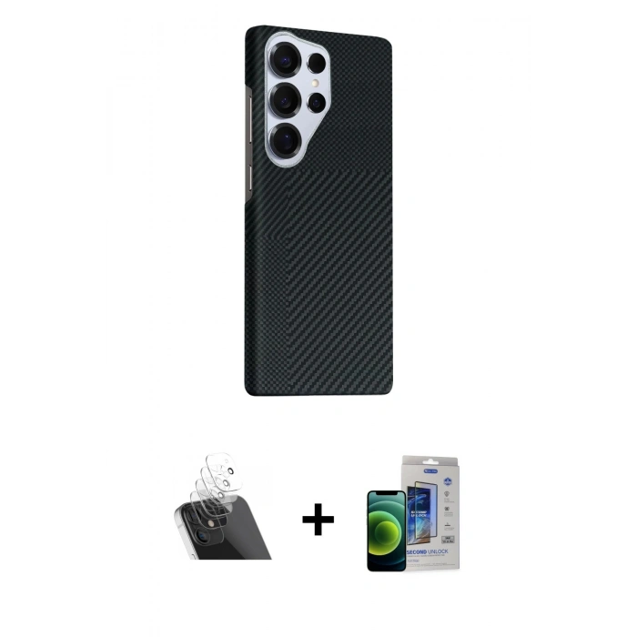MARSİLYAN™- Galaxy S23 Ultra Kılıf Kozmos Klasik Prime - Siyah Durable Full Glue Curved Cam + Kamera Lens Koruma Cam - SF