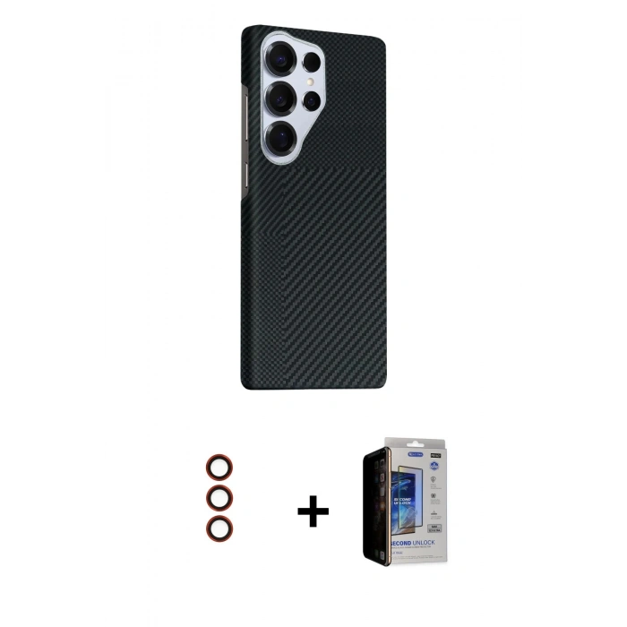MARSİLYAN™- Galaxy S23 Ultra Kılıf Kozmos Klasik Prime - Siyah Durable Full Glue Curved Hayalet Cam + Metal Kamera Lens - KI