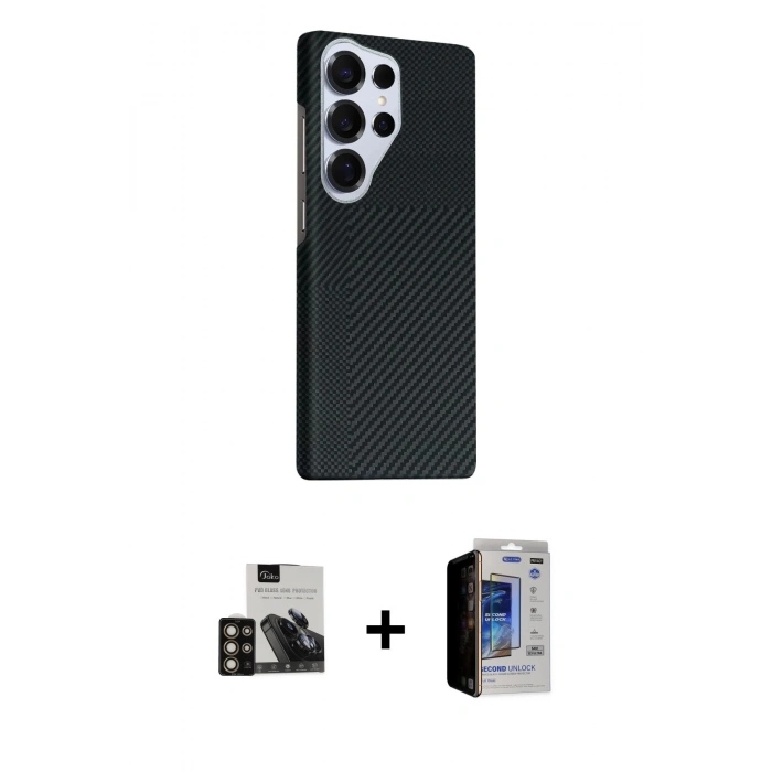 MARSİLYAN™- Galaxy S23 Ultra Kılıf Kozmos Klasik Prime - Siyah Durable Full Glue Curved Hayalet Cam + PVD Metal Kamera Lens - GD