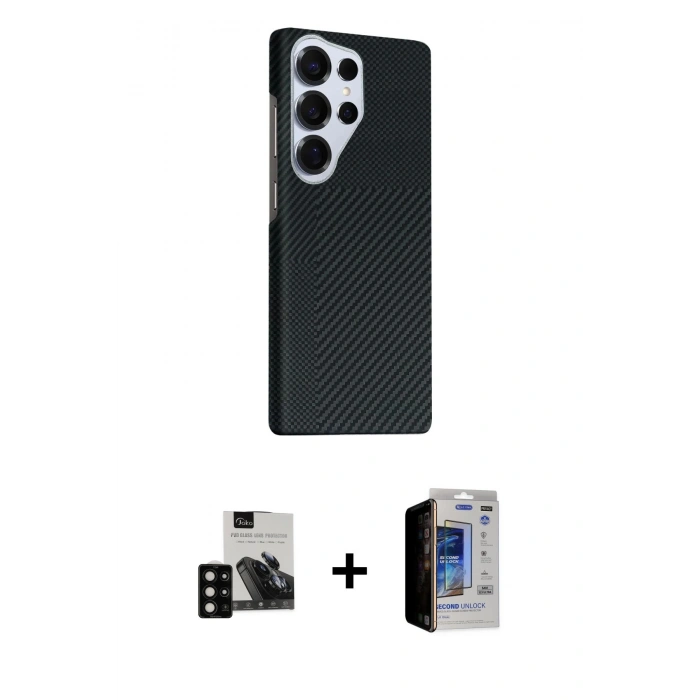 MARSİLYAN™- Galaxy S23 Ultra Kılıf Kozmos Klasik Prime - Siyah Durable Full Glue Curved Hayalet Cam + PVD Metal Kamera Lens - SH