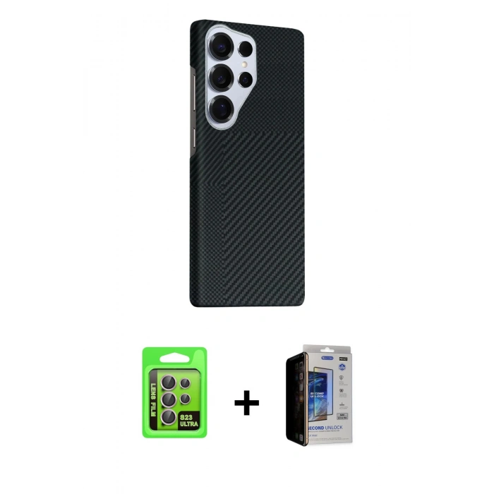 MARSİLYAN™- Galaxy S23 Ultra Kılıf Kozmos Klasik Prime - Siyah Durable Full Glue Curved Hayalet Cam + Raze Metal Kamera Lens - LA
