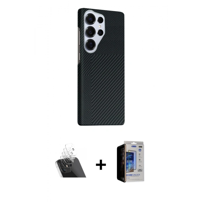 MARSİLYAN™- Galaxy S23 Ultra Kılıf Kozmos Klasik Prime - Siyah Durable Full Glue Curved Hayalet Cam + Kamera Lens Koruma Cam - SF