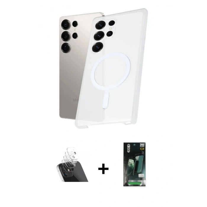 MARSİLYAN™- Galaxy S23 Ultra Kılıf Kutup Minimal - Şeffaf 360 Full Body Arka Koruyucu + Kamera Lens Koruma Cam - SF