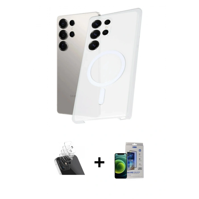 MARSİLYAN™- Galaxy S23 Ultra Kılıf Kutup Minimal - Siyah Durable Full Glue Curved Cam + Kamera Lens Koruma Cam - SF