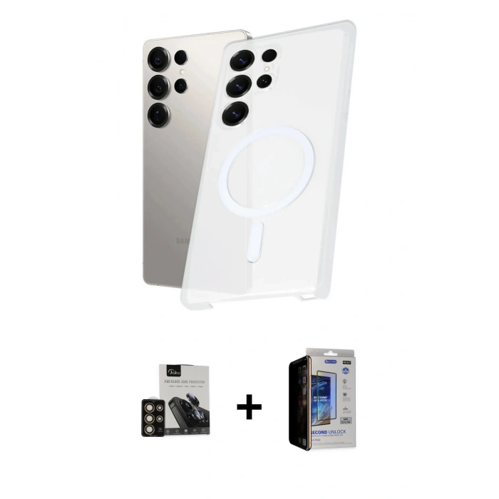 MARSİLYAN™- Galaxy S23 Ultra Kılıf Kutup Minimal - Siyah Durable Full Glue Curved Hayalet Cam + PVD Metal Kamera Lens - GD