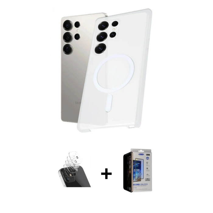 MARSİLYAN™- Galaxy S23 Ultra Kılıf Kutup Minimal - Siyah Durable Full Glue Curved Hayalet Cam + Kamera Lens Koruma Cam - SF