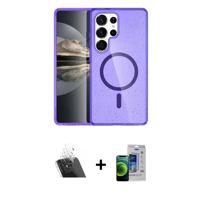 MARSİLYAN™- Galaxy S23 Ultra Kılıf Nova Asil Prime - Siyah Durable Full Glue Curved Cam + Kamera Lens Koruma Cam - SF