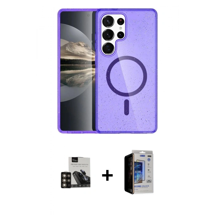 MARSİLYAN™- Galaxy S23 Ultra Kılıf Nova Asil Prime - Siyah Durable Full Glue Curved Hayalet Cam + PVD Metal Kamera Lens - GD