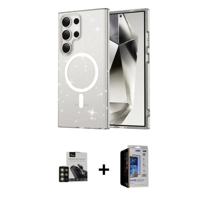 MARSİLYAN™- Galaxy S23 Ultra Kılıf Nova Asil Prime - Siyah Durable Full Glue Curved Hayalet Cam + PVD Metal Kamera Lens - GD
