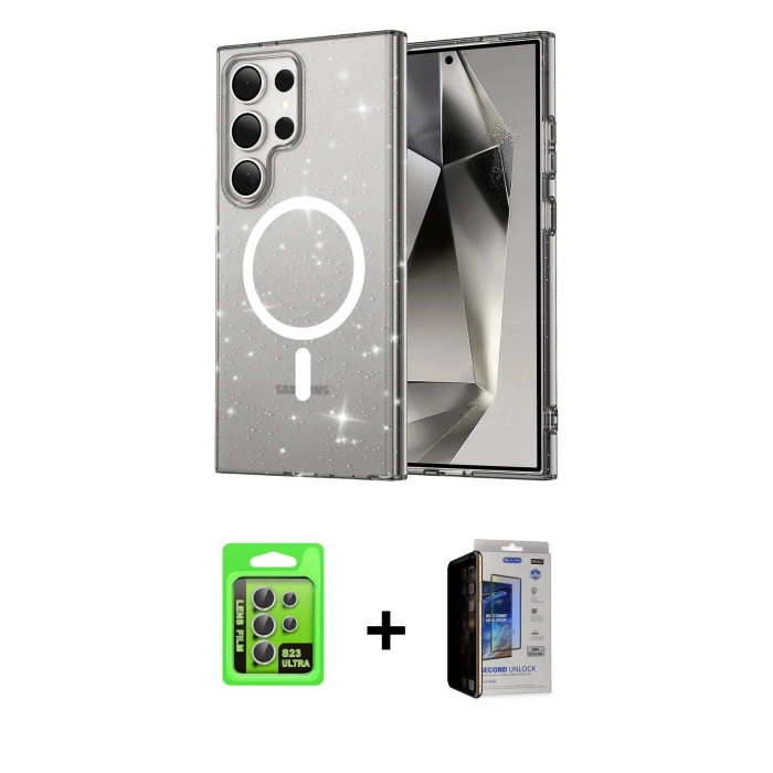 MARSİLYAN™- Galaxy S23 Ultra Kılıf Nova Asil Prime - Siyah Durable Full Glue Curved Hayalet Cam + Raze Metal Kamera Lens - GS