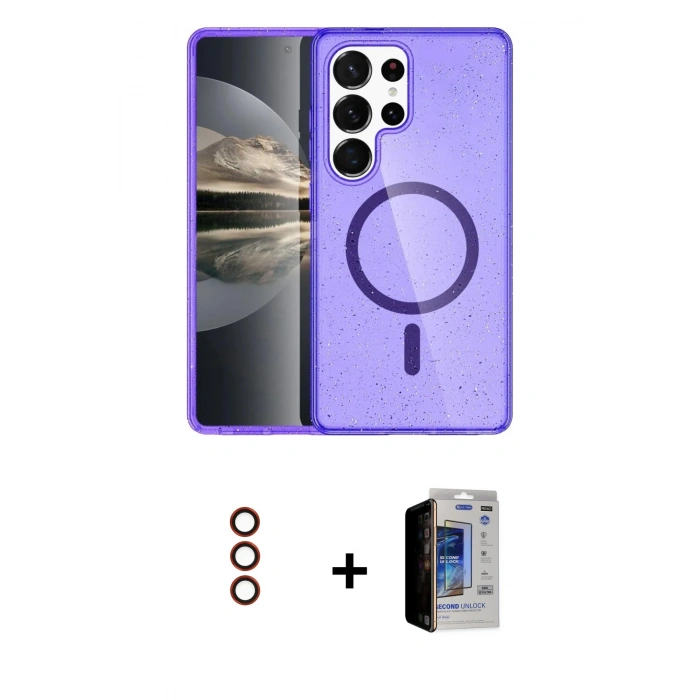 MARSİLYAN™- Galaxy S23 Ultra Kılıf Nova Asil Prime - Siyah Durable Full Glue Curved Hayalet Cam + Kırmızı Metal Kamera Lens