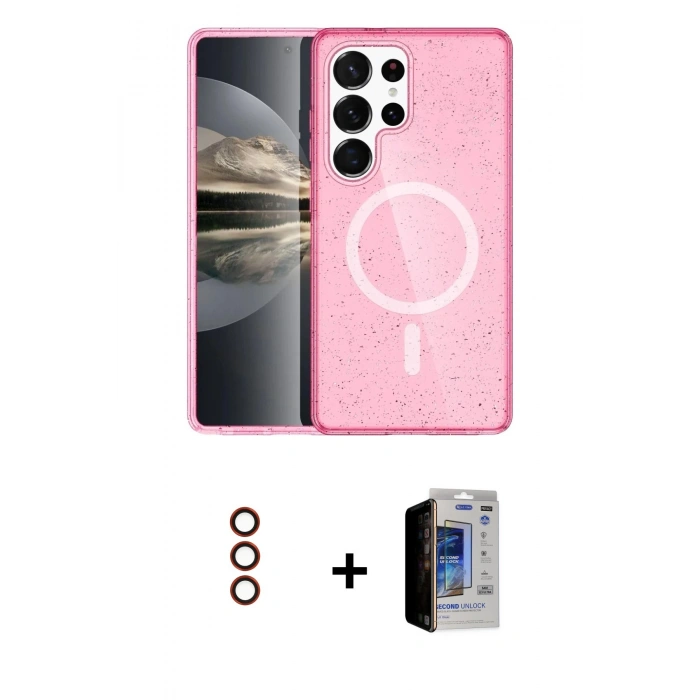 MARSİLYAN™- Galaxy S23 Ultra Kılıf Nova Asil Prime - Siyah Durable Full Glue Curved Hayalet Cam + Kırmızı Metal Kamera Lens