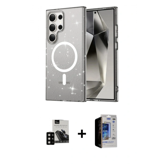 MARSİLYAN™- Galaxy S23 Ultra Kılıf Nova Asil Prime - Siyah Durable Full Glue Curved Hayalet Cam + PVD Metal Kamera Lens - SH