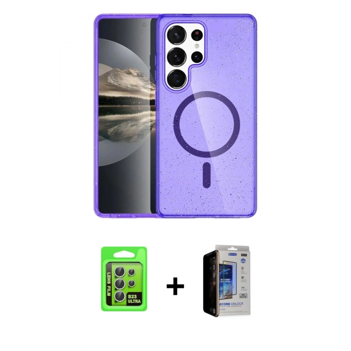 MARSİLYAN™- Galaxy S23 Ultra Kılıf Nova Asil Prime - Siyah Durable Full Glue Curved Hayalet Cam + Raze Metal Kamera Lens - GS