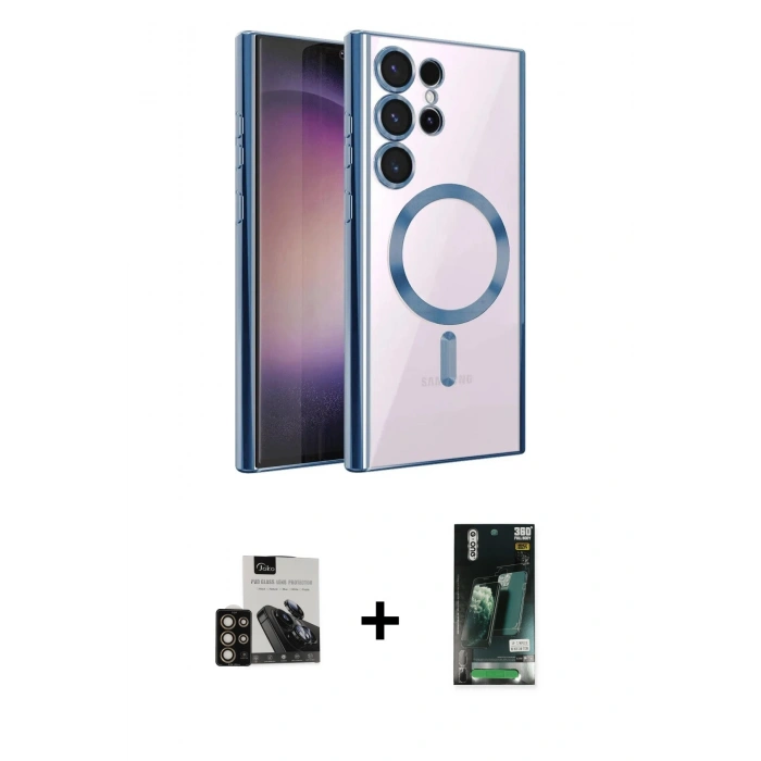 MARSİLYAN™- Galaxy S23 Ultra Kılıf Nova Işık Özel Seri - Şeffaf 360 Full Body Arka Koruyucu + PVD Metal Kamera Lens - GD
