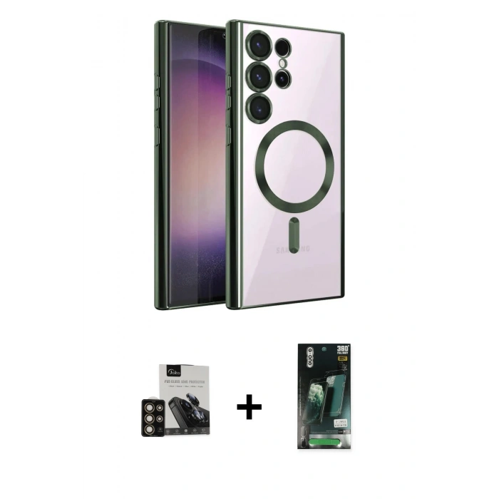 MARSİLYAN™- Galaxy S23 Ultra Kılıf Nova Işık Özel Seri - Şeffaf 360 Full Body Arka Koruyucu + PVD Metal Kamera Lens - GD