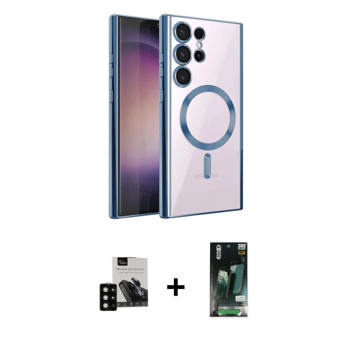 MARSİLYAN™- Galaxy S23 Ultra Kılıf Nova Işık Özel Seri - Şeffaf 360 Full Body Arka Koruyucu + PVD Metal Kamera Lens - SH