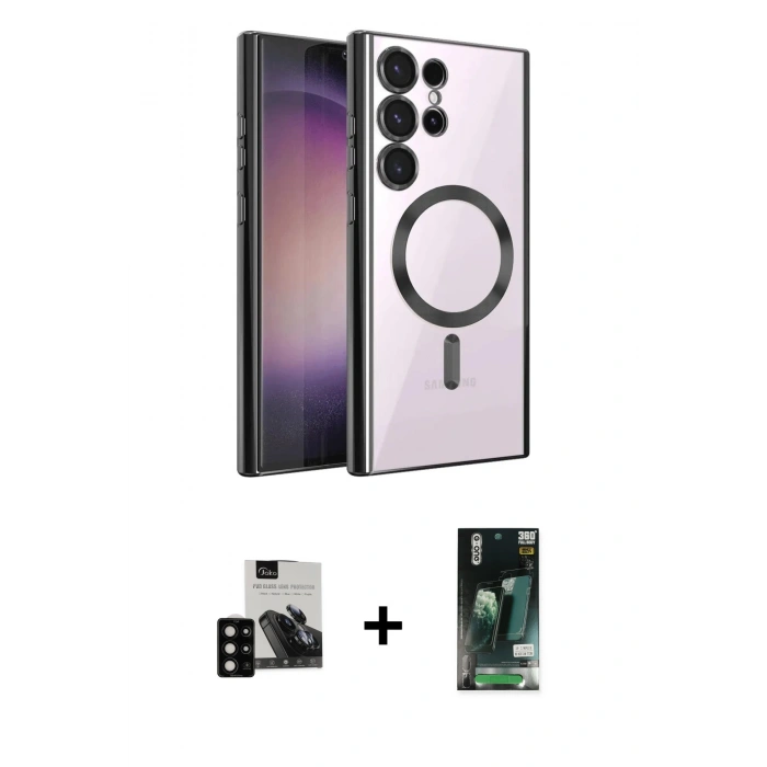 MARSİLYAN™- Galaxy S23 Ultra Kılıf Nova Işık Özel Seri - Şeffaf 360 Full Body Arka Koruyucu + PVD Metal Kamera Lens - SH