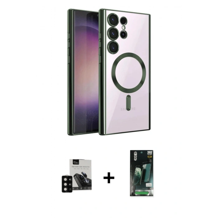 MARSİLYAN™- Galaxy S23 Ultra Kılıf Nova Işık Özel Seri - Şeffaf 360 Full Body Arka Koruyucu + PVD Metal Kamera Lens - SH