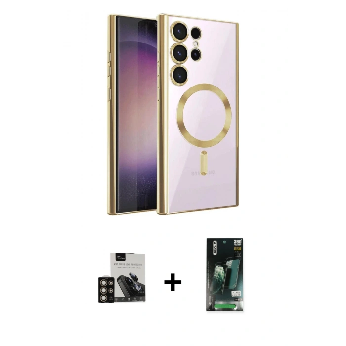 MARSİLYAN™- Galaxy S23 Ultra Kılıf Nova Işık Özel Seri - Siyah 360 Mat Full Body Arka Koruyucu + PVD Metal Kamera Lens - GD