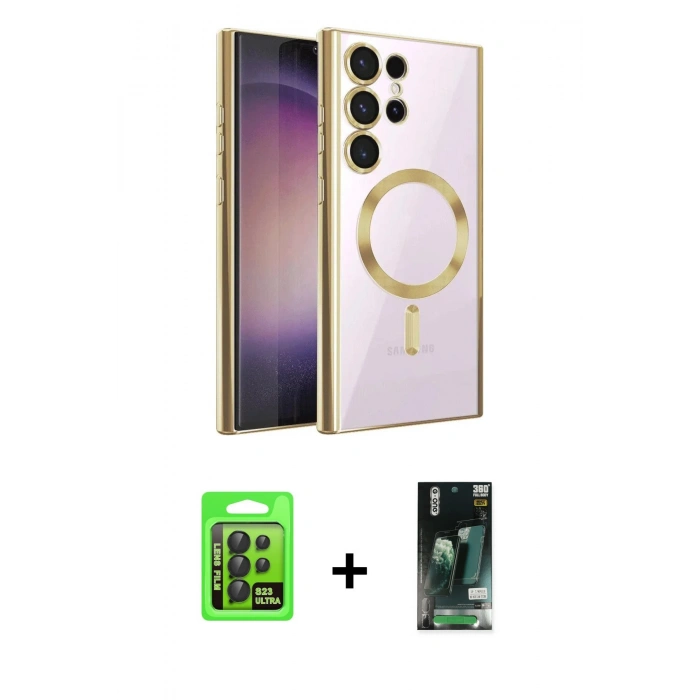 MARSİLYAN™- Galaxy S23 Ultra Kılıf Nova Işık Özel Seri - Siyah 360 Mat Full Body Arka Koruyucu + Raze Metal Kamera Lens - SH