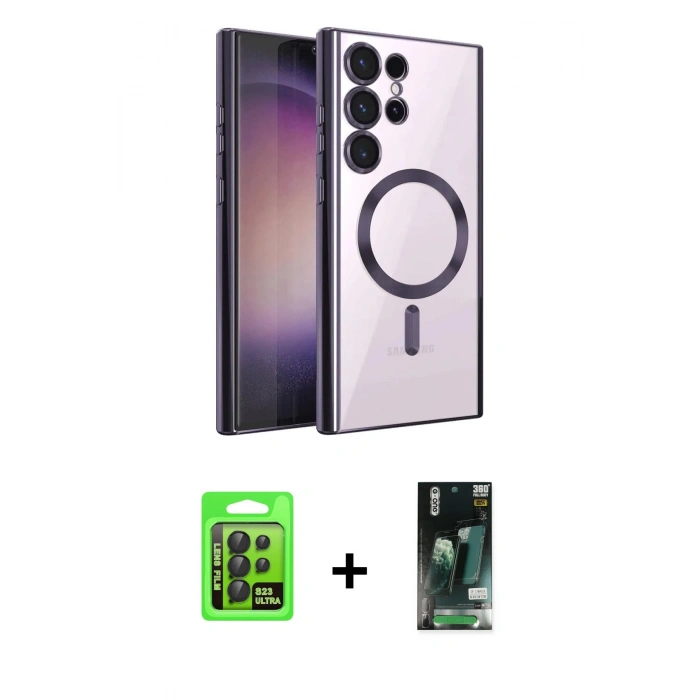 MARSİLYAN™- Galaxy S23 Ultra Kılıf Nova Işık Özel Seri - Siyah 360 Mat Full Body Arka Koruyucu + Raze Metal Kamera Lens - SH